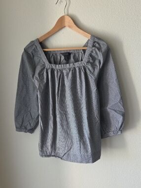 J. Crew Gray Checked Square Neck Peasant Blouse 100% Cotton Sz 8 Boho Cottage